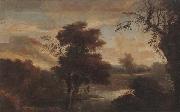 unknow artist, A Wooded landscape with figures bathing and resting on the bank of a river